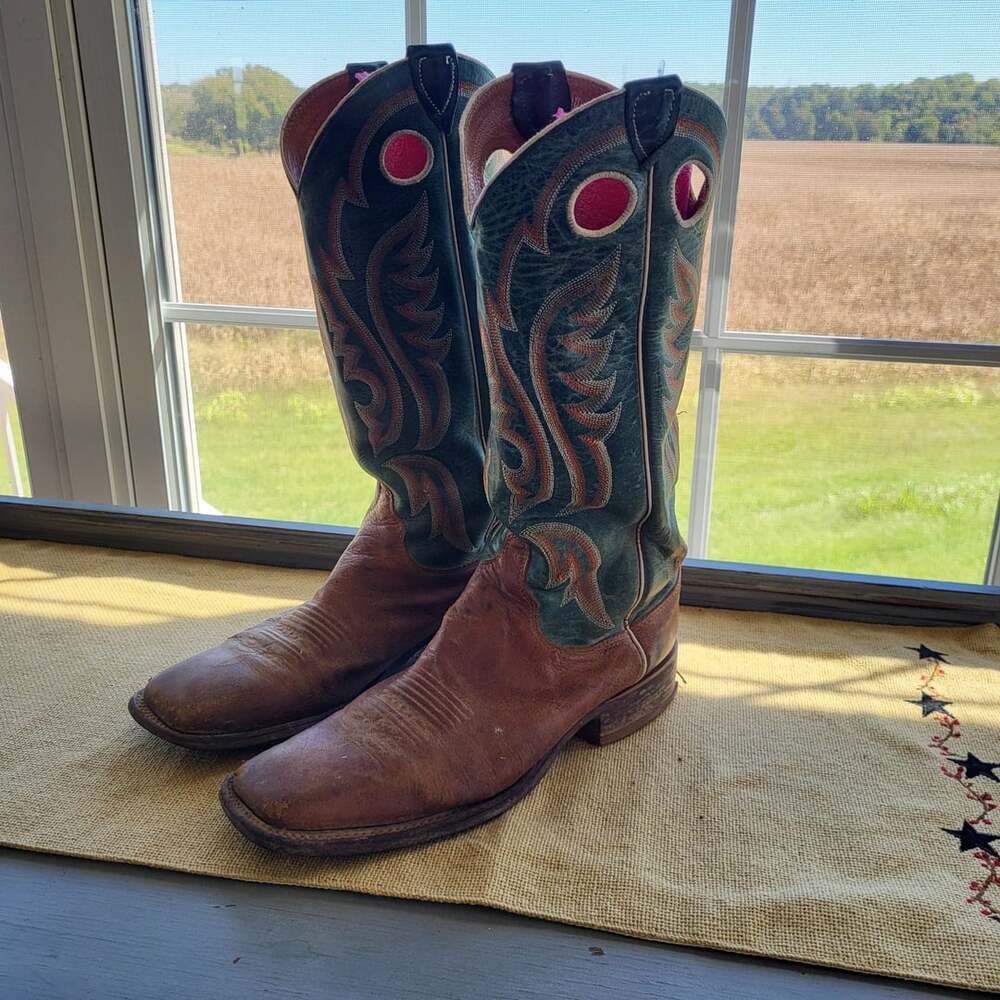 Justin Western Cowboy Boots Brown Leather Square Toe